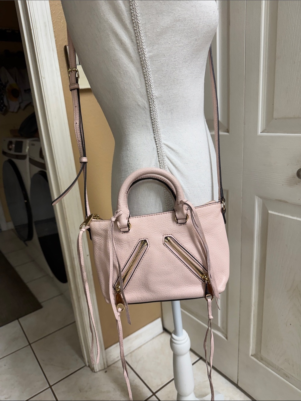 Rebecca Minkoff Light Pink Leather Crossbody Bag with Top Handles and fringe